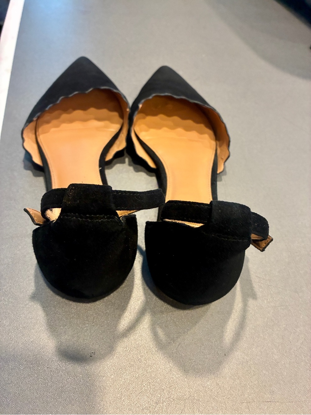 J. Crew Black Scalloped Pointed-Toe D'Orsay Flats with Ankle Strap